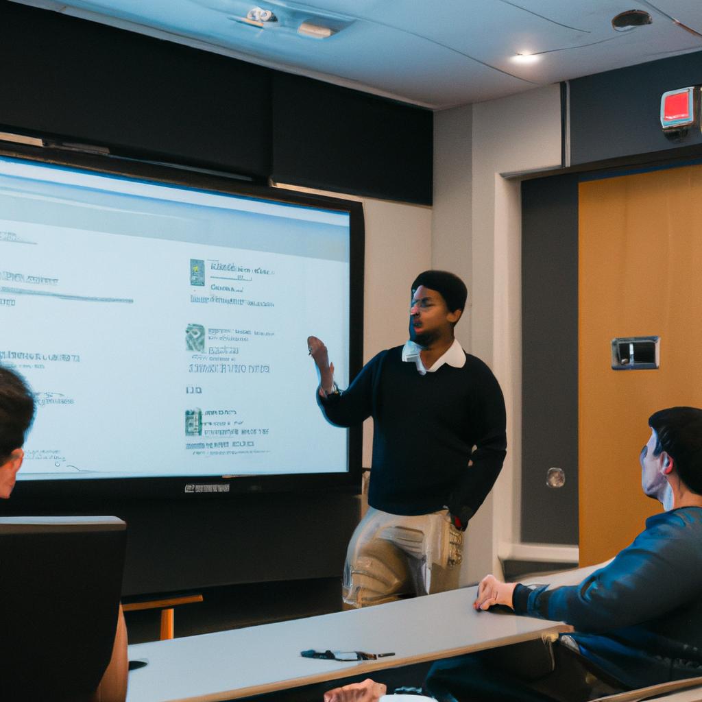 A student confidently presenting their data science project at Rutgers University.