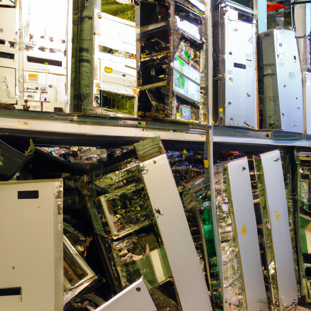 Piles of outdated servers and electronic waste ready for responsible disposal in data center decommissioning.